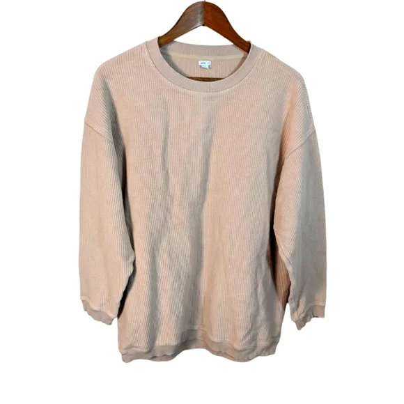Aerie Tan Oversized Ribbed Cotton Crewneck Pullover Sweatshirt - Picture 1 of 6